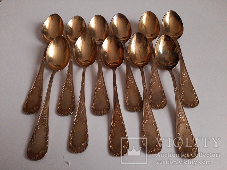 Серебряные Чайные ложечки  ( серебро 800 , позолота , вес 224 гр. ), фото №2