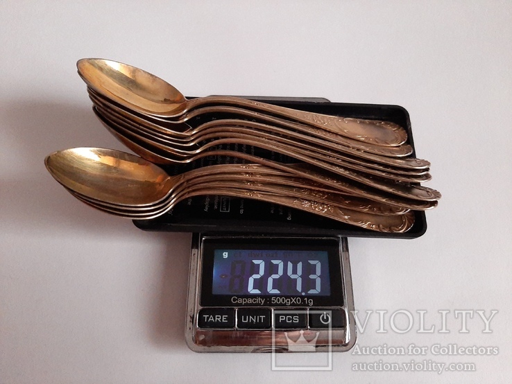 Серебряные Чайные ложечки  ( серебро 800 , позолота , вес 224 гр. ), фото №6