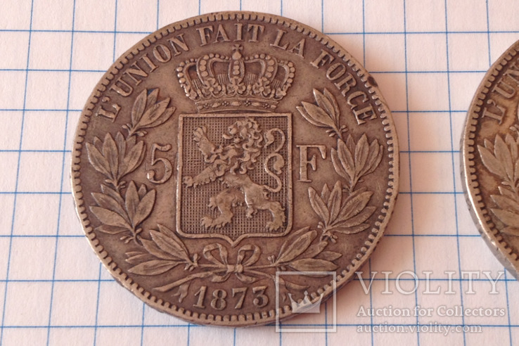 5 франков 1873 г. Леопольд II, 2 монеты, фото №7