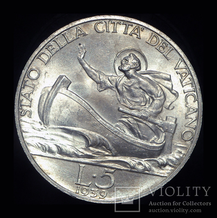 Ватикан 5 лир 1939 Unc серебро