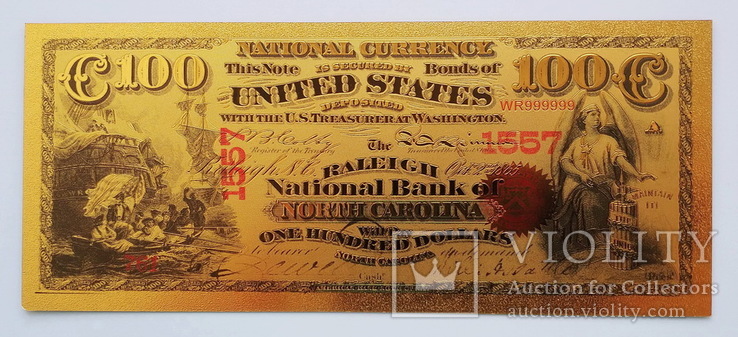Золотая банкнота 100 долларов США Северная Каролина, фото №2