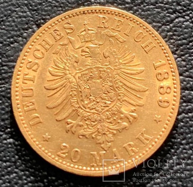 20 марок Wilhelm II 1889 р. (герб тип 2 - тільки один рік), фото №2