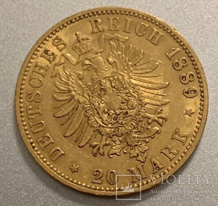 20 марок Wilhelm II 1889 р. (герб тип 2 - тільки один рік), фото №5