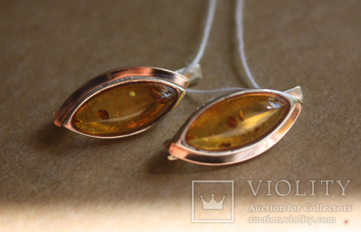 Серебряные серьги с янтарем и золотом, фото №4