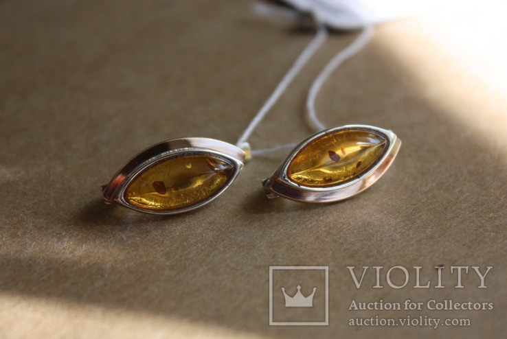 Серебряные серьги с янтарем и золотом, фото №2