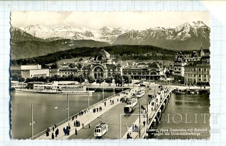 Швейцария , г. Люцерна , Вокзал , Причал , Мост , Пароход , Трамвай , 1939 г., фото №2