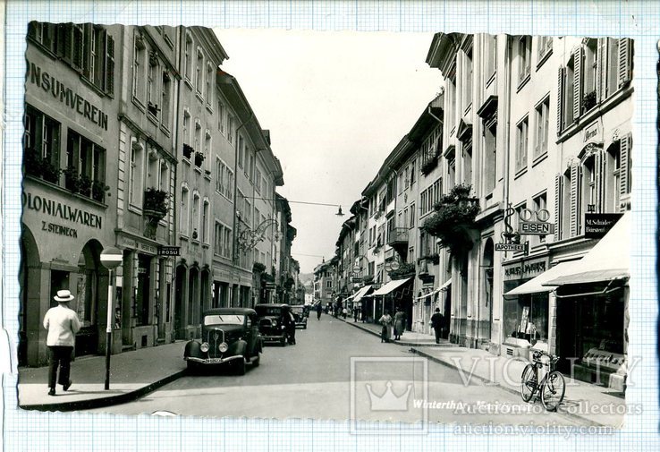 Szwajcaria , r. Winterthur , Miejska ulica , samochód , rower , reklama , 1930 r., numer zdjęcia 2
