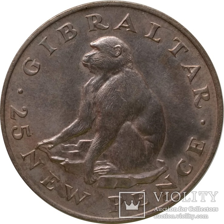 Гибралтар 25 новых пенсов, 1971 обезьяна,С198, фото №2