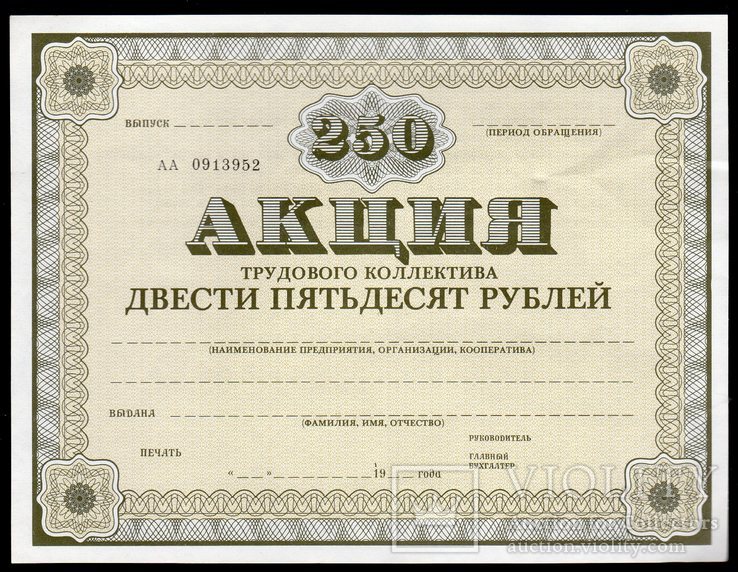 Акция Трудового Коллектива 1989 год 250 Руб, бланк, фото №2