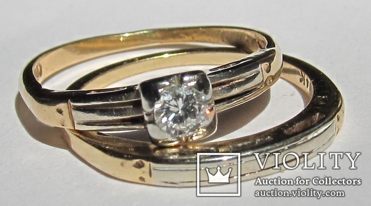 Золотое кольцо с бриллиантом и обручальное кольцо – набор, фото №2