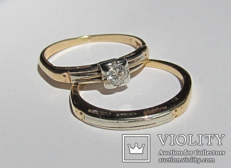 Золотое кольцо с бриллиантом и обручальное кольцо – набор, фото №8