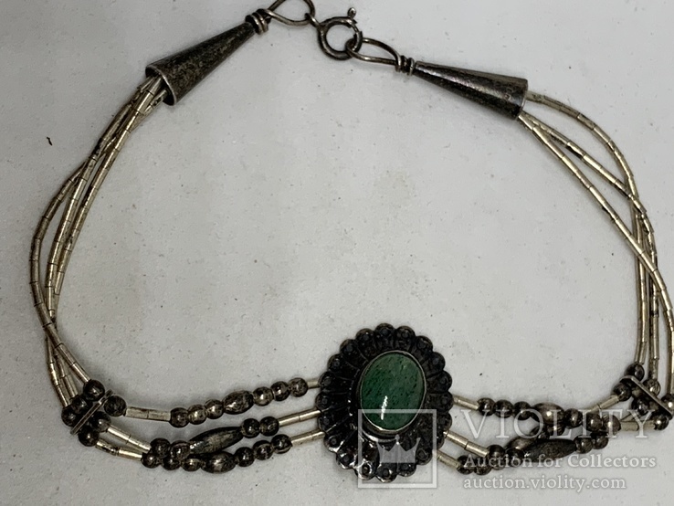 Антикварный браслет с Англии с зеленым природным камнем (Стерлинговое серебро)