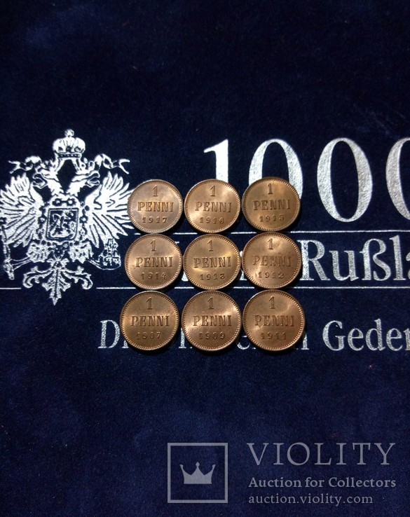 Монеты для Финляндии 1 пенни , penny Николая 2 Российской Империи 9шт, фото №3