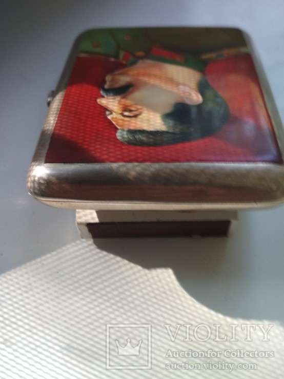 Серебряный портсигар 875 проба, полихромная роспись, лак., фото №8