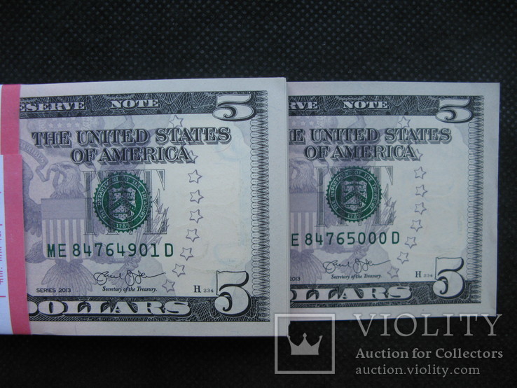 5 доларів  США  2013рік  корінець 100штук номер в номер  (500 доларів), фото №7