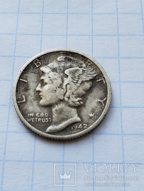 10 центов (1 дайм) США, 1942 год,900°серебра,2,5 грамма.