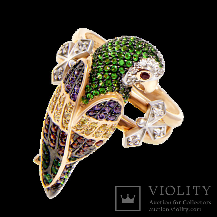 Золотое кольцо в виде Попугая с фианитами, фото №2