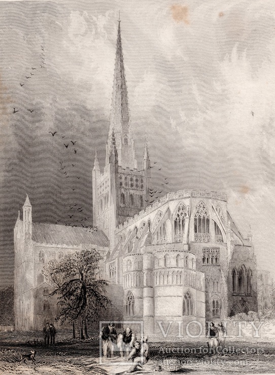 Старинная гравюра. 1850 год. Норвичский собор. (26,5х17,5см.).