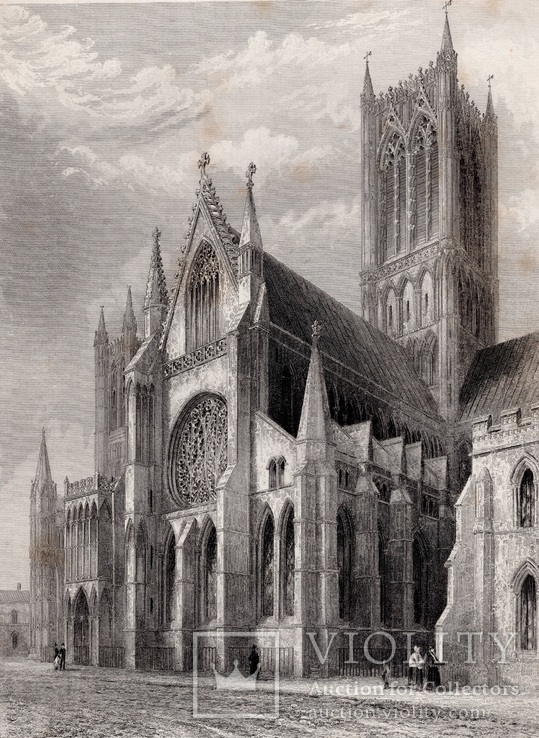 Старинная гравюра. 1850 год. Собор в Линкольне. (26,5х17,5см.).