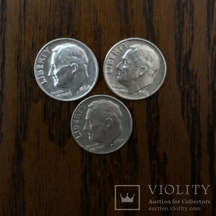 10 Центів  США  Срібло. 1962р.-1964р. 3шт., фото №2