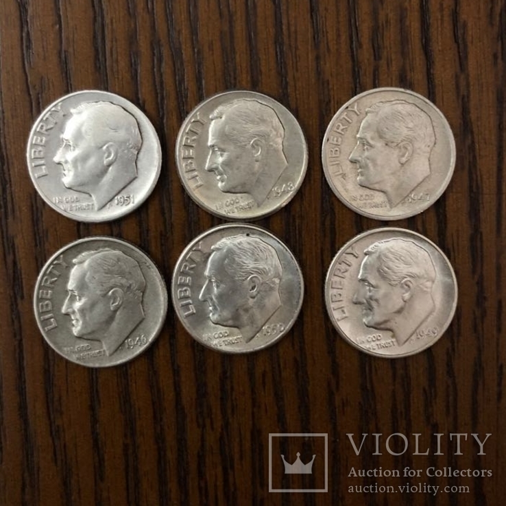 10 Центів  США  Срібло. 1946р.-1951р.  6шт., фото №2