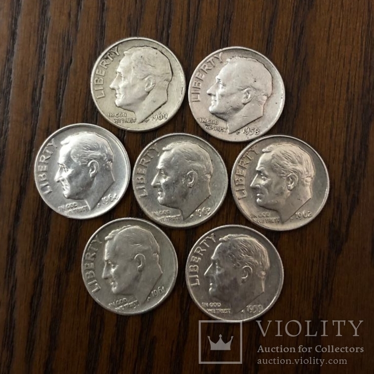 10 Центів  США  Срібло. 1958р.-1964р.  7шт., фото №2
