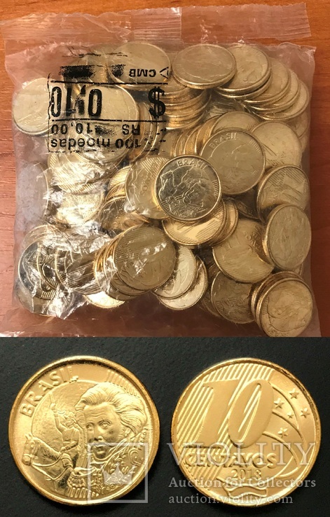Бразилия - 10 сентаво 2018 - Опт (50 монет) - новинка - UNC, фото №2