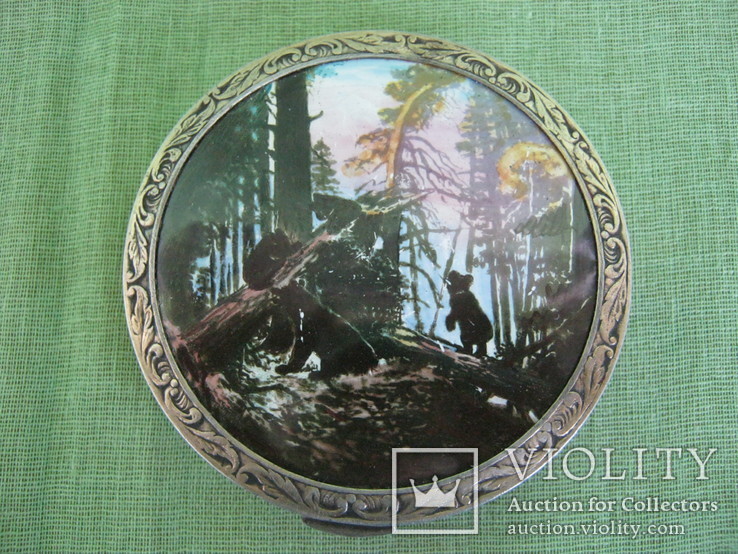 Пудреница с зеркалом,серебро 875, эмаль,позолота "Утро в сосновом лесу", фото №2