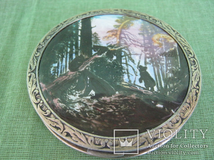 Пудреница с зеркалом,серебро 875, эмаль,позолота "Утро в сосновом лесу", фото №3