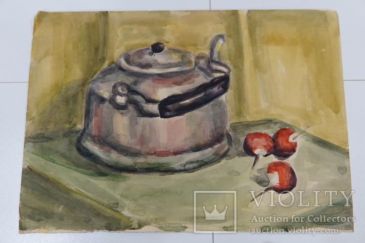Картина акварель натюрморт чайник и редька