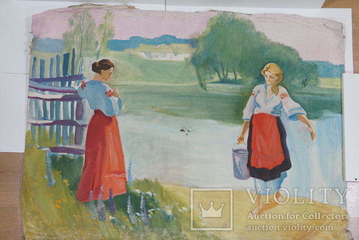 Картина украинки носят воду у реки. масло, холст