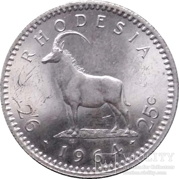 Родезия. 2 шиллинга 6 пенсов = 25 центов 1964 г. UNC, фото №3