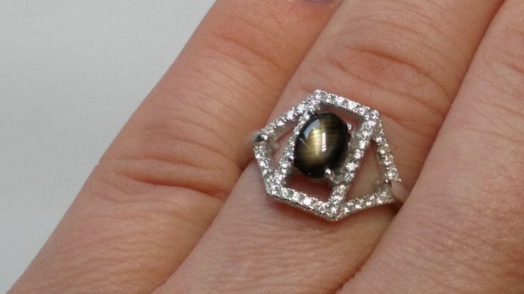 Кольцо серебряное 925 натуральный черный звездный сапфир, цирконий., фото №5