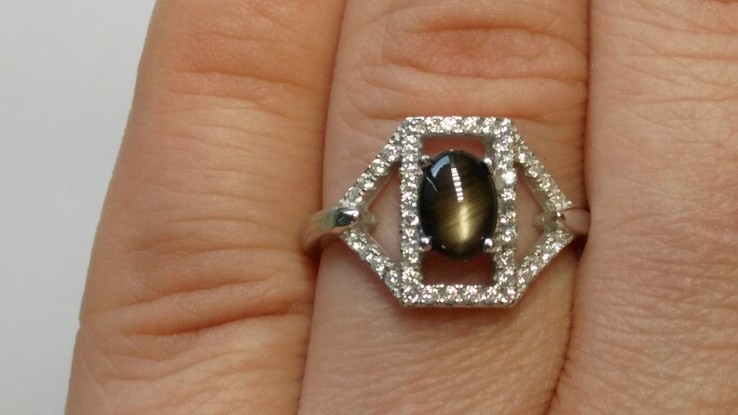 Кольцо серебряное 925 натуральный черный звездный сапфир, цирконий., photo number 7
