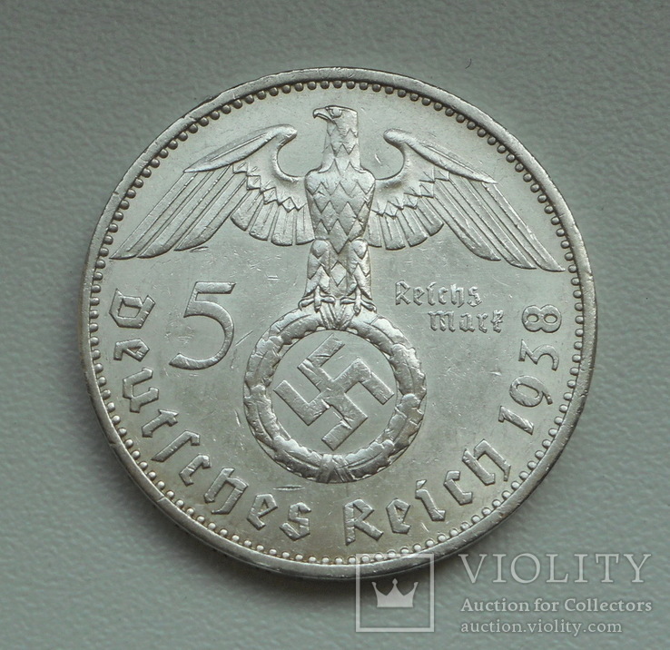 5 Марок 1938 г. (А), Третий Рейх свастика, серебро, фото №4