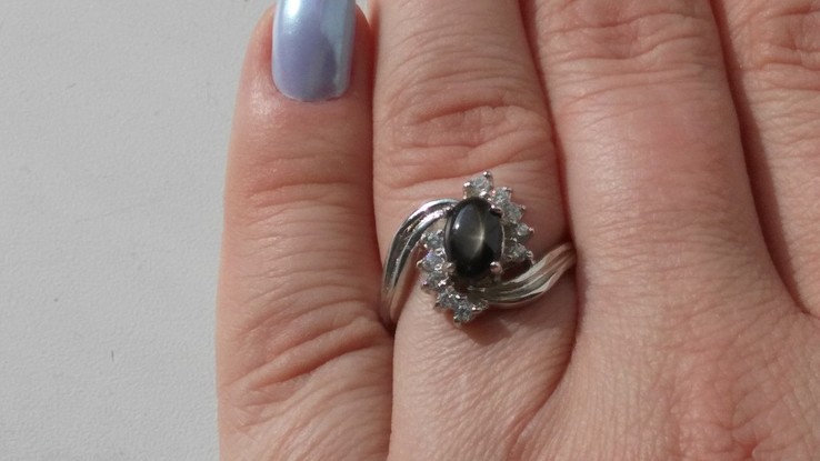 Кольцо серебряное 925 натуральный черный сапфир, цирконий., фото №5