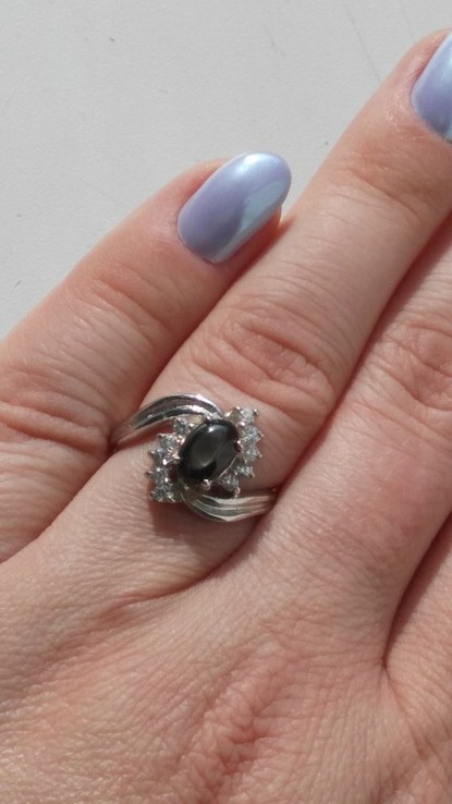 Кольцо серебряное 925 натуральный черный сапфир, цирконий., фото №6