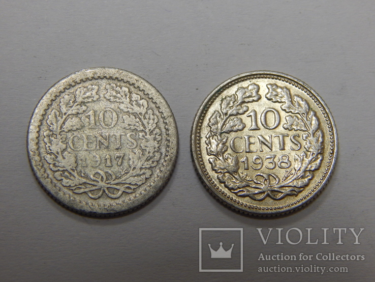 2 монеты по 10 центов, Нидерланды, 1917/38 г.г.
