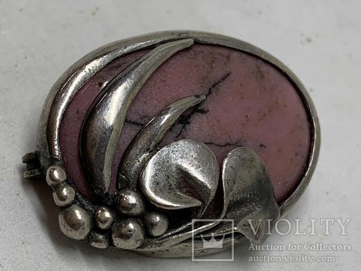 Винтажная серебряная брошь с камнем Родонит, фото №5