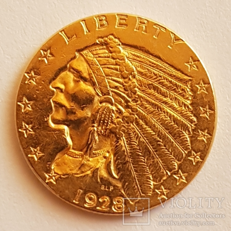 2,5 $ доллара США 1928 года 4,18г. золота 900’ Индеец, фото №4