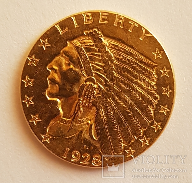 2,5 $ доллара США 1928 года 4,18г. золота 900’ Индеец, фото №5