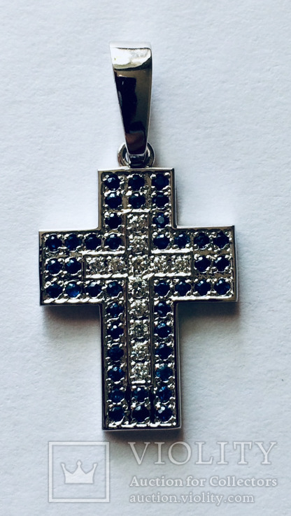 Крест из белого золота сапфиры+бриллианты, фото №2