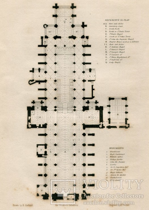 Гравюра. 1837. Англия. 26х18см. План Кафедрального собора в Эксетере. Художник Р.Гарланд