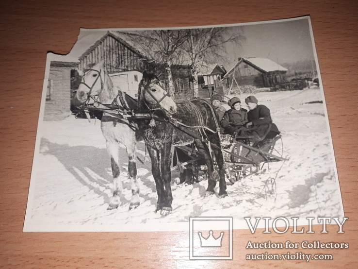 Фото офицеры РККА с девушкой сидят на санях  ,декабрь 1942 год