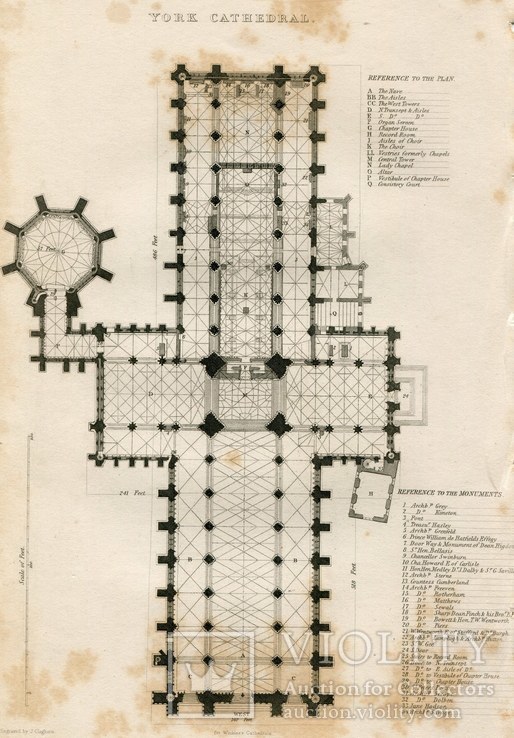 Гравюра. 1836. Англия. 26х18см. План Йоркского собора. Схема Клегхорна