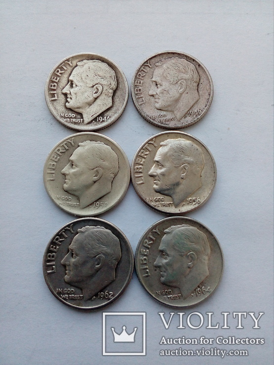 10 центов 1946, 1946, 1952,1956, 1962, 1964 США, серебро, фото №2