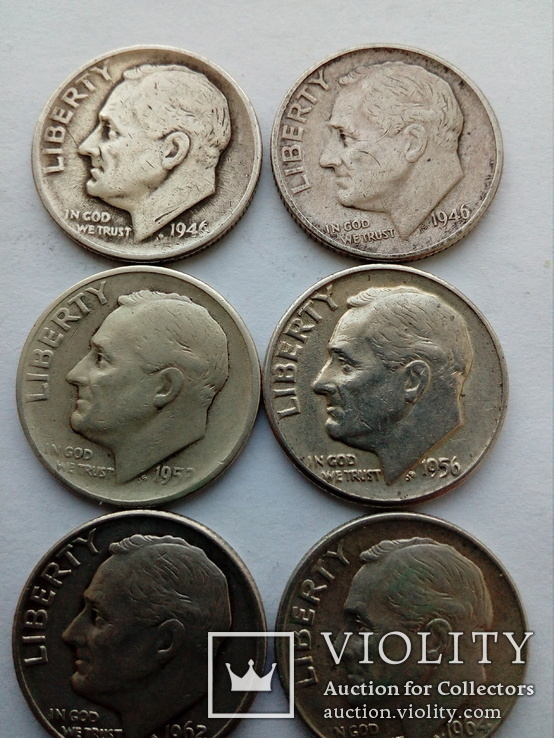 10 центов 1946, 1946, 1952,1956, 1962, 1964 США, серебро, фото №6