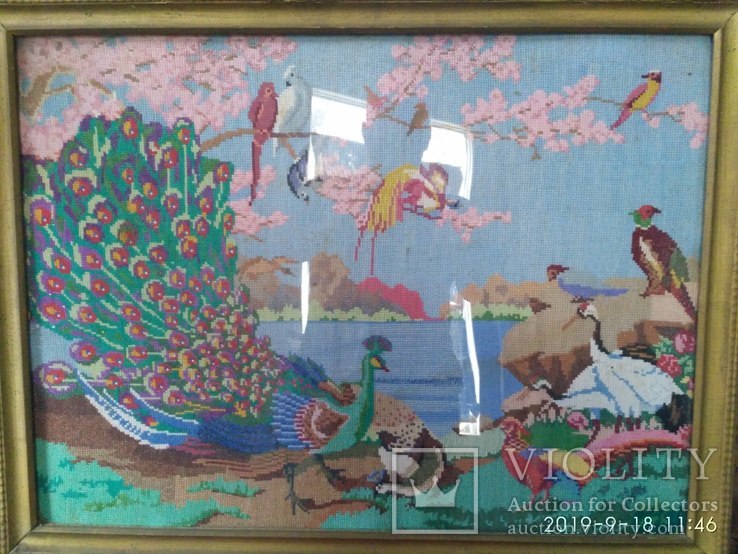 Картина " Птицы у сакуры" ручная вышивка 50-х годов.