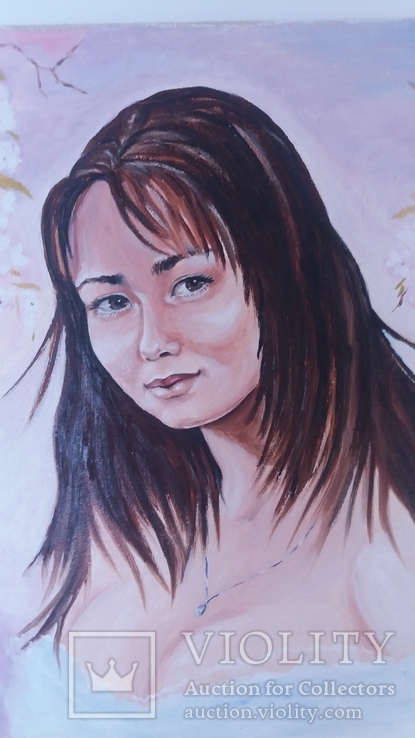 Портрет "Пышногрудая брюнетка нп фоне цветущей сакуры" 40Х45