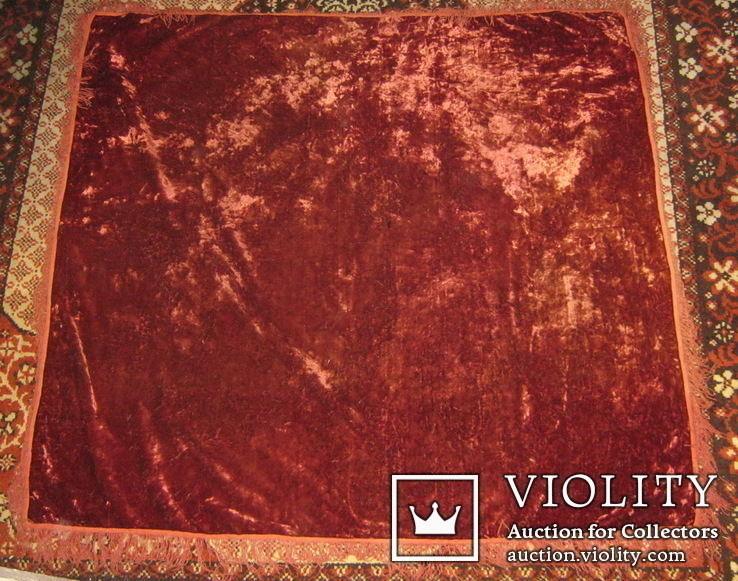 Старая скатерть бордово-красная, плюшевая 120х132см, фото №3